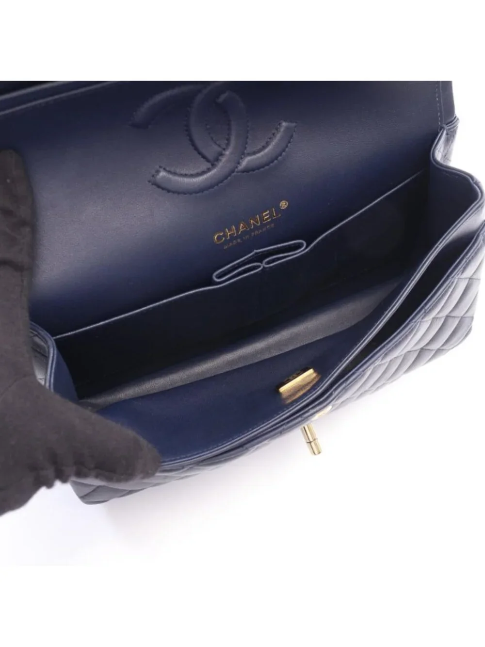 Chanel Shoulder Bag Quilted Double Flap Navy Lambskin Chain